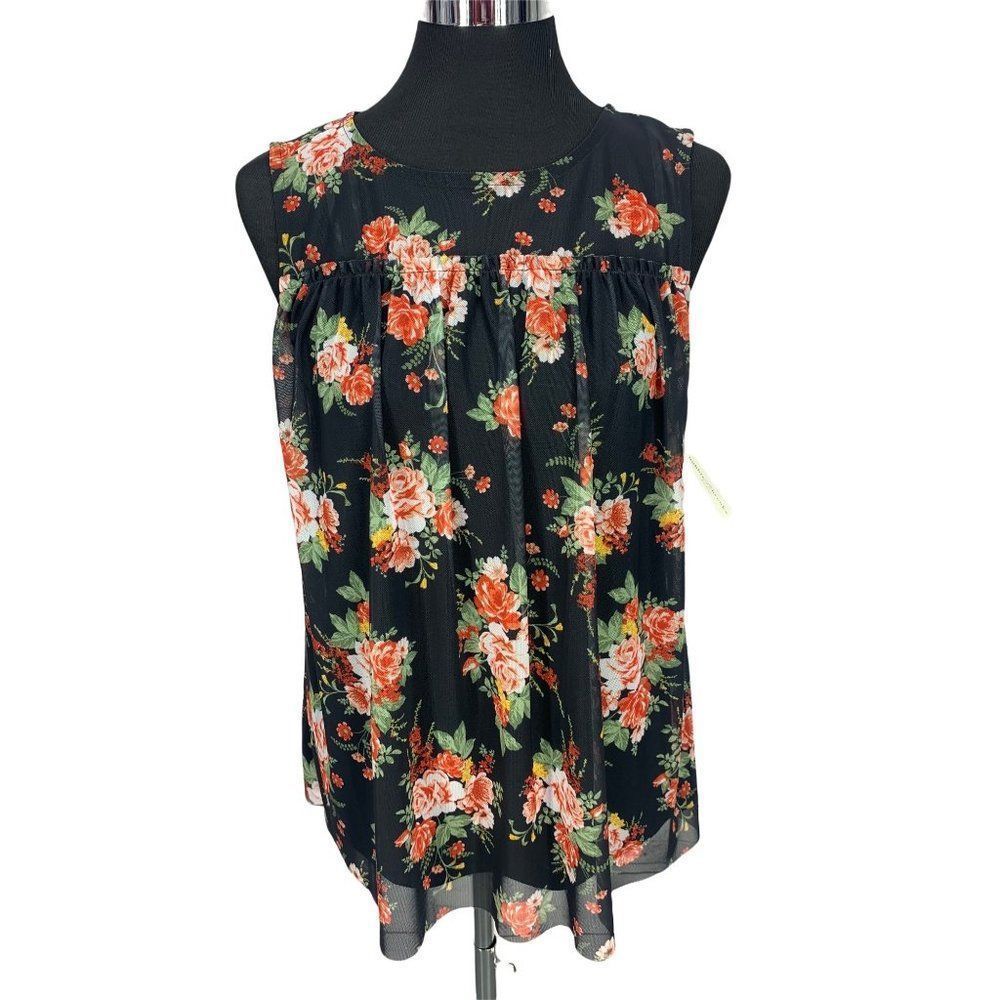 Bobbie Brooks Black Floral Sheer Yoke Size medium Blouse